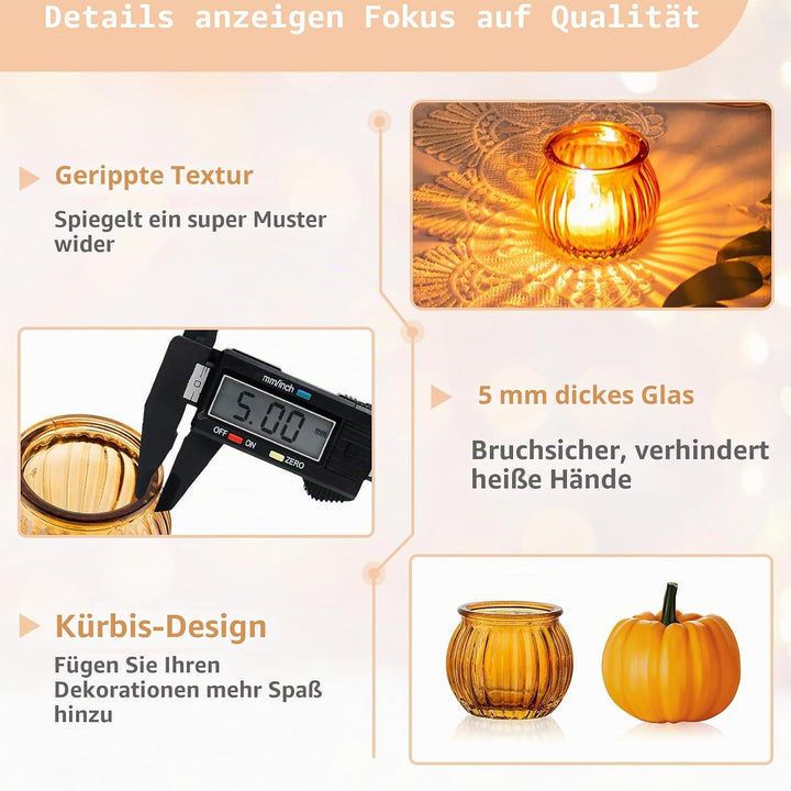 NUPTIO Teelichthalter Teelichtgläser Kürbis Glas - 24 Stück Bernstein Votivkerzenhalter Weihnachten