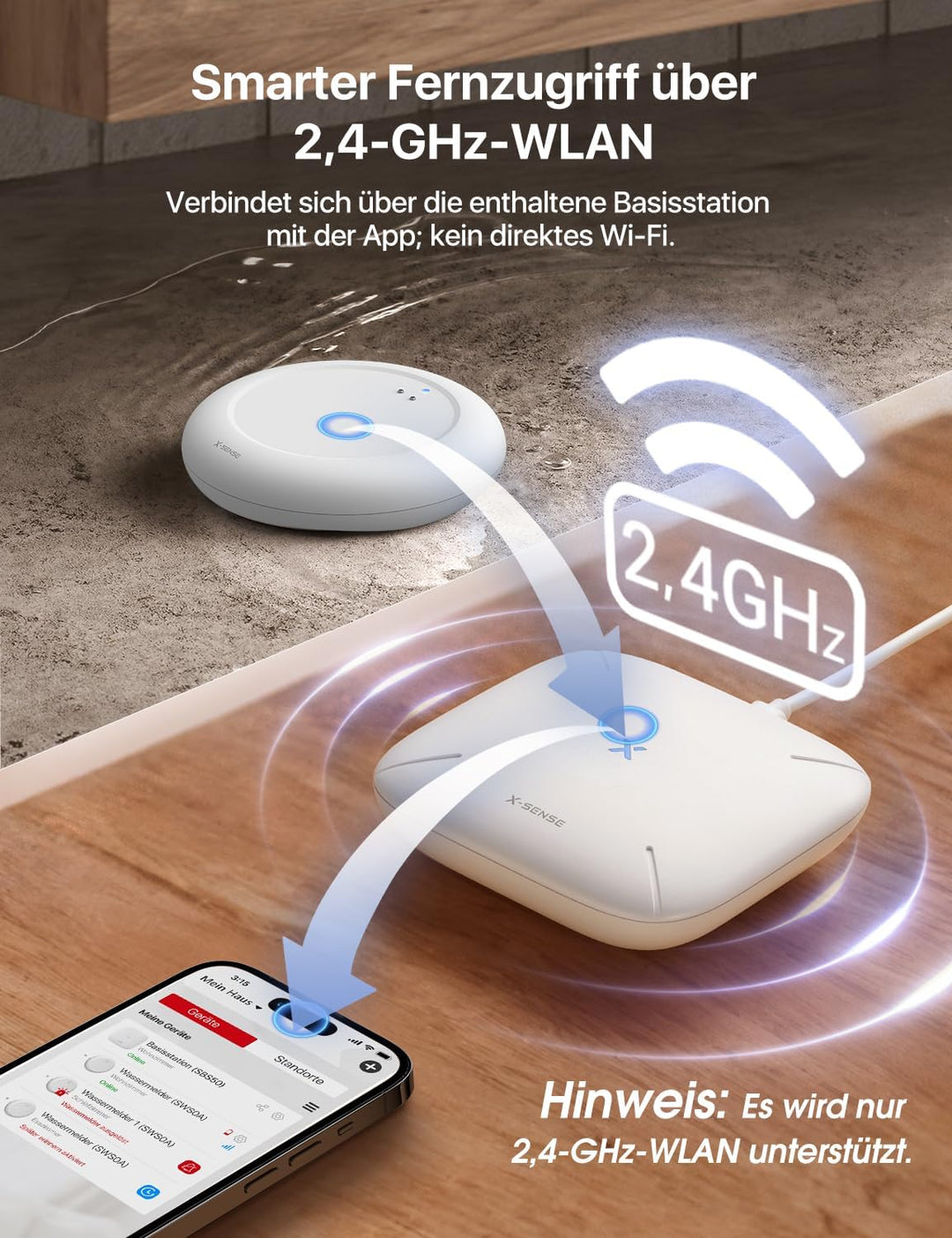 X-Sense Wassermelder WLAN mit SBS50 Basisstation, Smarter Wassermelder, App-Warnungen, wasserdicht n