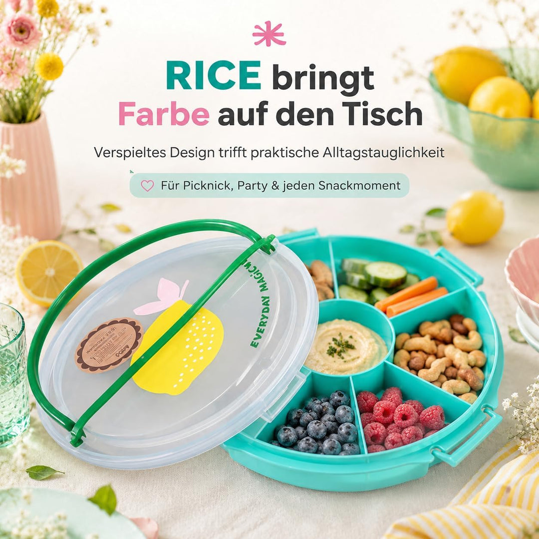 Rice Serviertablett rund Ø 32 cm mit Deckel & Tragegriff – Snack- & Partyplatte mit Fächern, BPA-fre