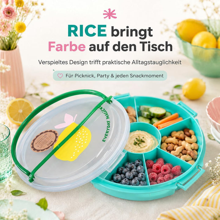 Rice Serviertablett rund Ø 32 cm mit Deckel & Tragegriff – Snack- & Partyplatte mit Fächern, BPA-fre