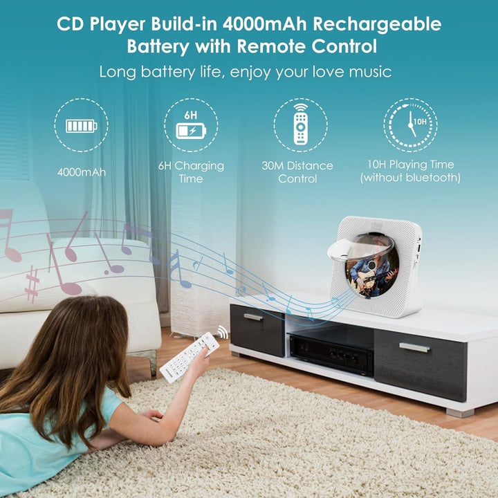 Gueray Tragbarer CD Player mit Bluetooth Desktop CD-Player mit 4000 mAh Akku für zu Hause Eingebaute