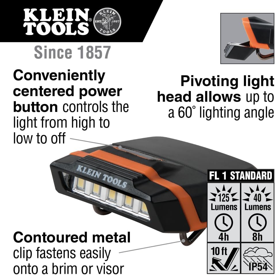 Klein Tools 56402 Cap Visor, LED Clip on Light, schwenkbarer Kopf, 2 x AAA Batterien inklusive