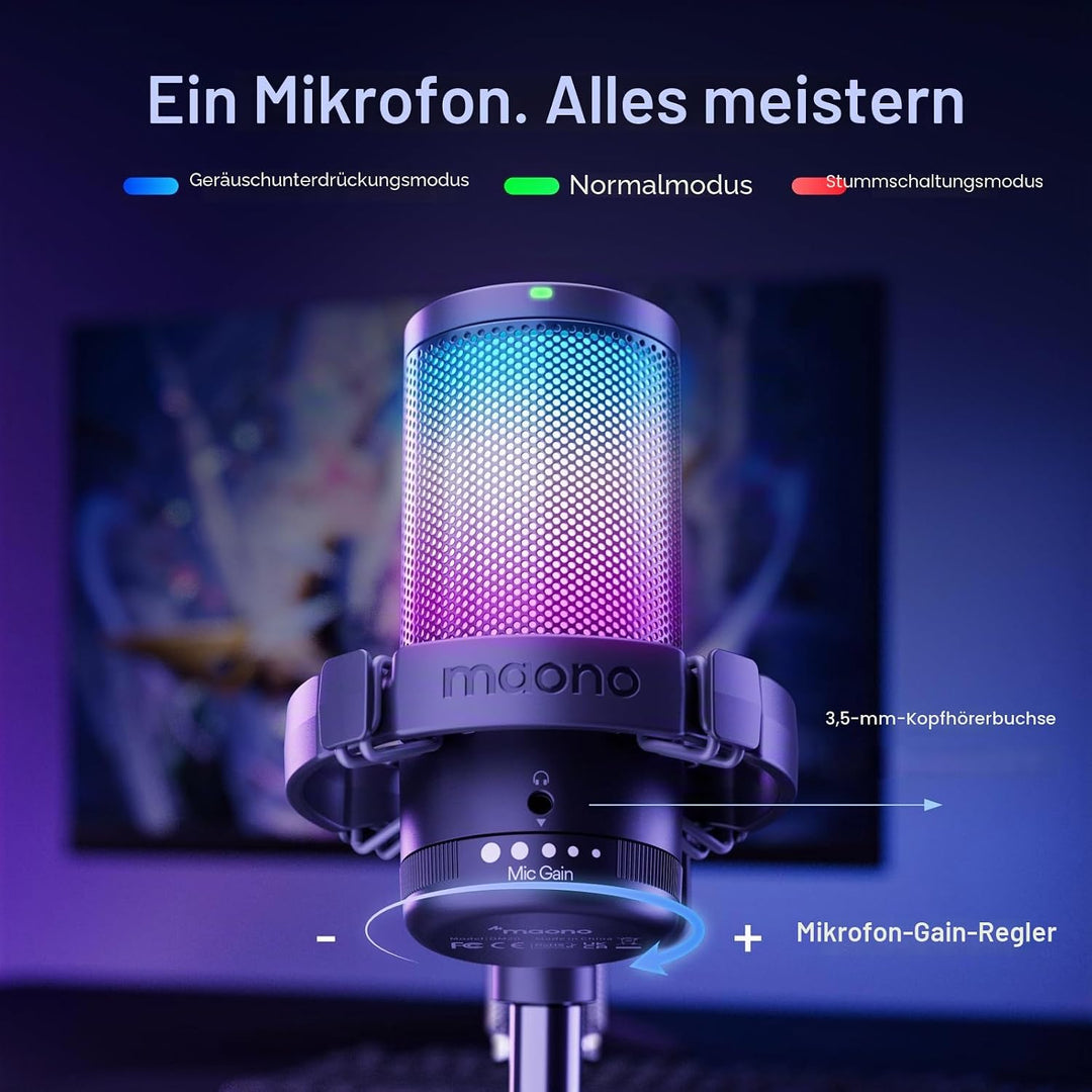 MAONO Gaming USB Mikrofon, Noise Cancellation Kondensator Mic mit Mute, Gain, Monitoring, Galgenarm,