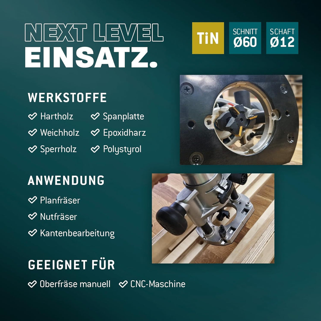 Bayerwald NeoTwister Planfräser für Oberfräse f. Holz - SchnittØ 60 mm/SchaftØ 12 mm - Planfräsen/Nu