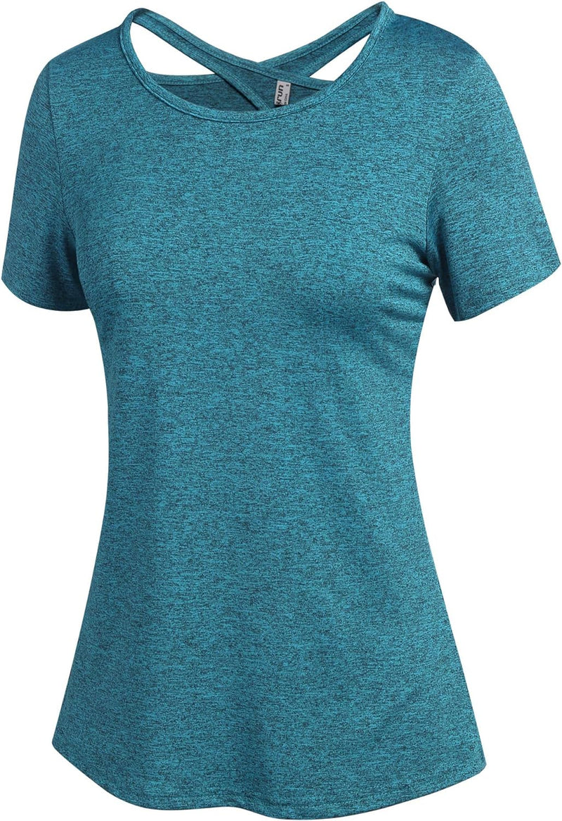 ADOME Damen Sport T-Shirt Kurzarm Sportshirt Funktionsshirt Yoga Shirt Damen Rückenfreies Oberteil L