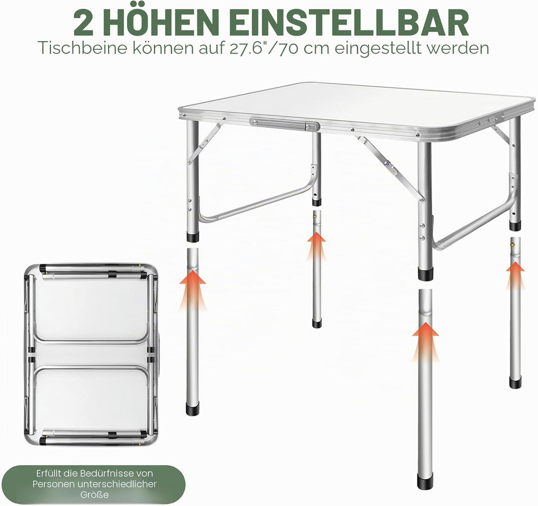 EFAN Campingtisch zusammenklappbar mit 2 verstellbaren Höhen, kleiner Klapptisch aus Aluminium, 75 c