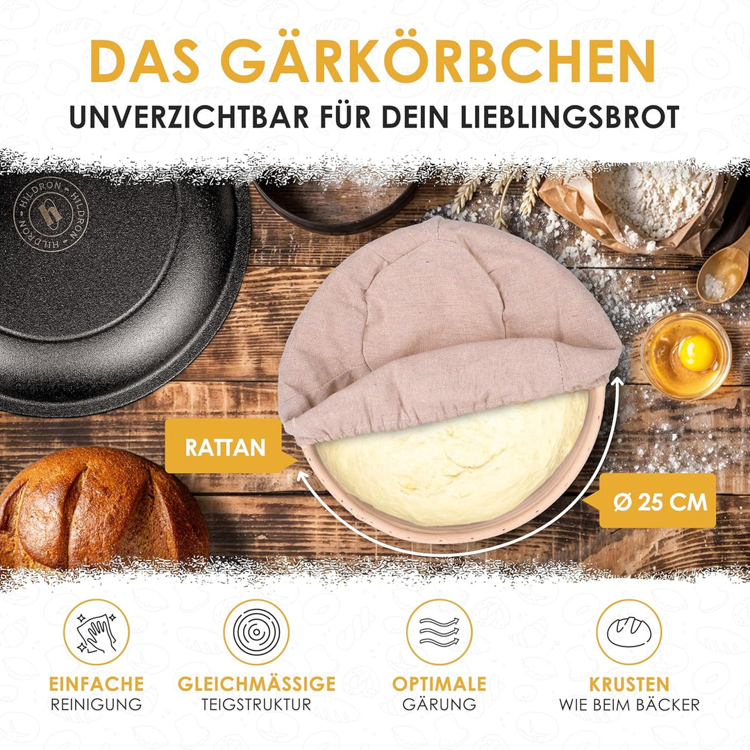 Gusseisen Topf Brot Backen inkl. Gärkorb, Bäckermesser & Teigschaber - 26cm Brotbackform mit Deckel