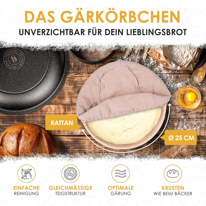 Gusseisen Topf Brot Backen inkl. Gärkorb, Bäckermesser & Teigschaber - 26cm Brotbackform mit Deckel