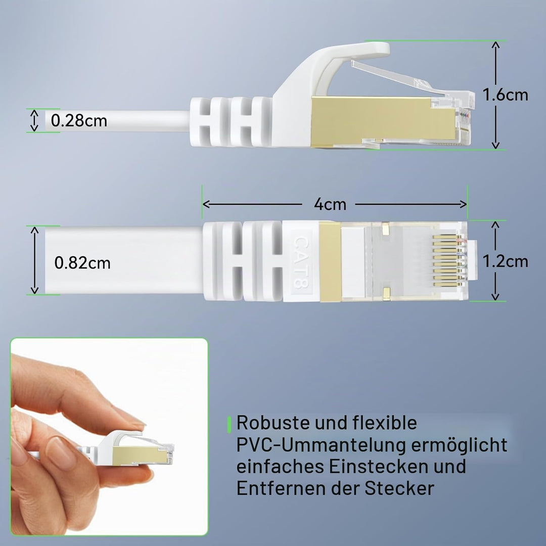BUSOHE Cat 8 LAN Kabel 15Meter, 40Gbps Flaches Netzwerkkabel Ethernet Weiss | Hochgeschwindigkeits G