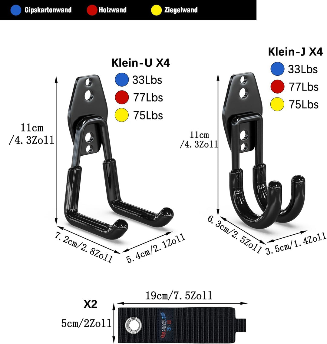 3-H 10 Stück Garagenhaken Schwerlast Wandhaken, Doppelhaken mit runden Schweisspunkten, zur Aufbewah