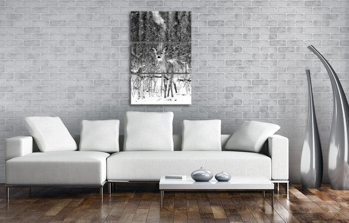 deyoli niedliches REH im Schnee Format: 3-teilig 120x80 Effekt: Schwarz/Weiss als Leinwand, Motiv fe