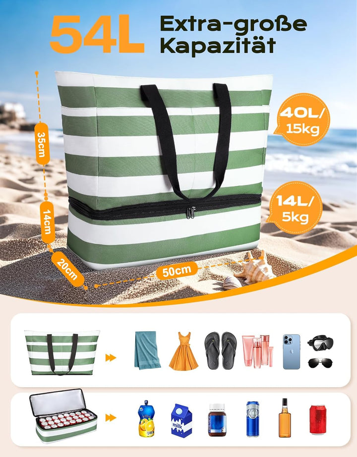 CIRYCASE Strandtasche XXL Familie mit Kühlfach, 54L Grosse Badetasche Strandtasche mit Reissverschlu