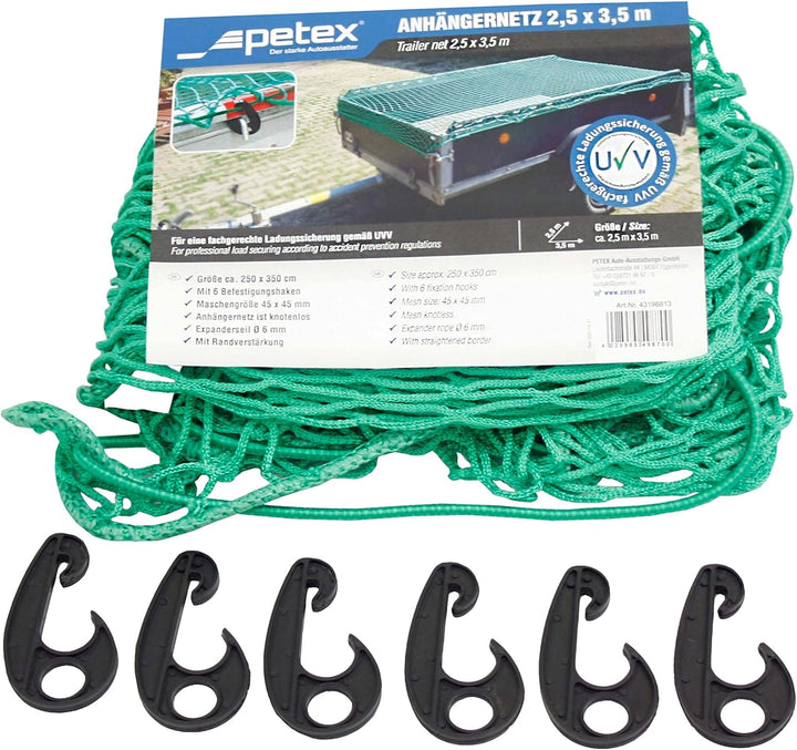 PETEX Anhängernetz 2,5 x 3,5 m, grün inkl. Ladungssicherungsset, 10-teilig, 2,5 x 3,5 m