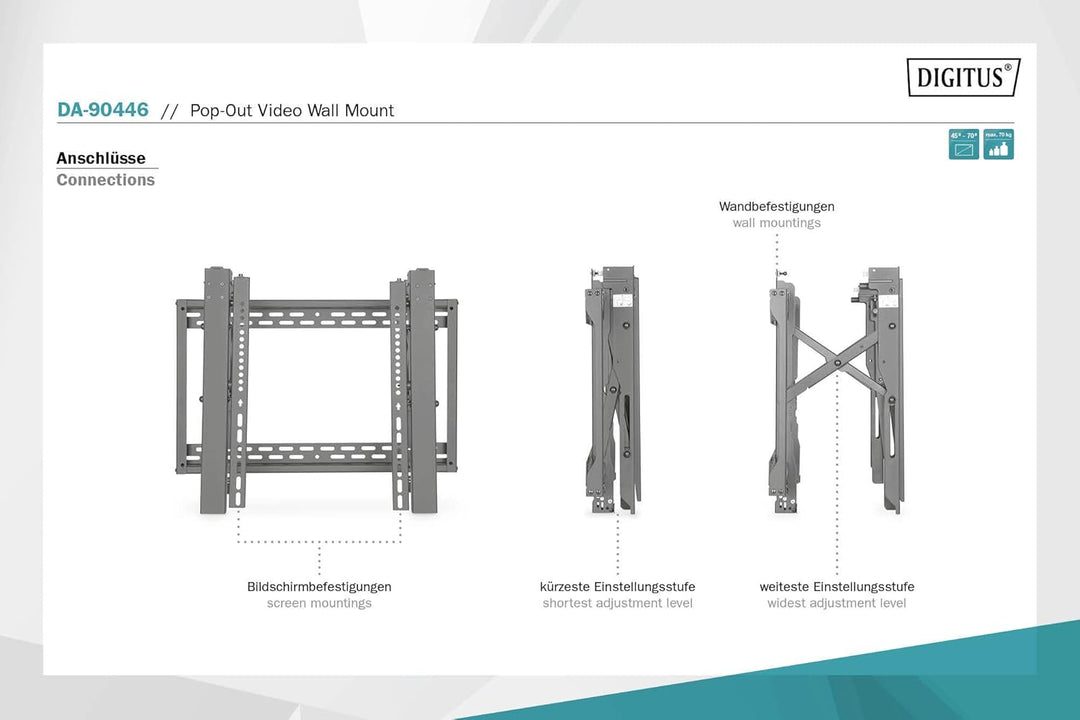 DIGITUS Pop-Out Video Wall Monitorhalterung 45-70" Video/Analog 45" bis 70" (Max. 70kg), 45" bis 70"