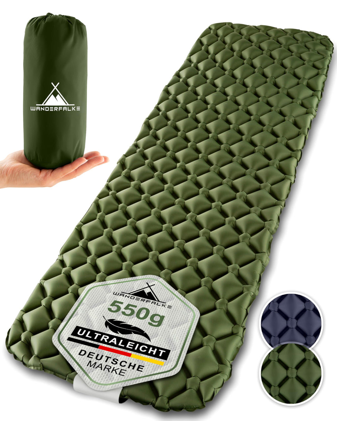 WANDERFALKE® 550g Ultraleichte Aufblasbare Isomatte - (XL-Breite 66cm) - Camping Matratze mit Kleine