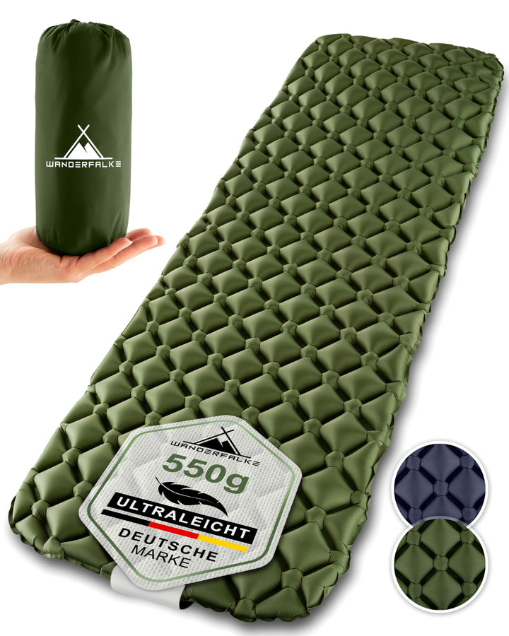 WANDERFALKE® 550g Ultraleichte Aufblasbare Isomatte - (XL-Breite 66cm) - Camping Matratze mit Kleine