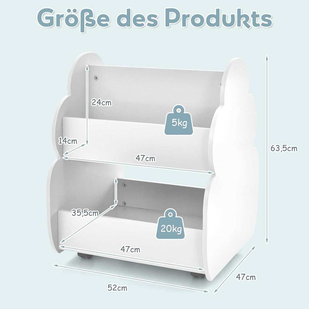 COSTWAY Kinder Bücherregal auf Rollen, 2 Ebenen Spielzeugregal aus Holz, 52 x 47 x 63,5 cm (Weiss),