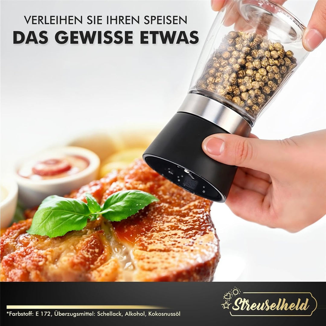 Streuselheld - Salz und Pfeffermühle mit Gold Gewürzen - 2er Geschenk Set mit Geschenkbox - Pfeffer