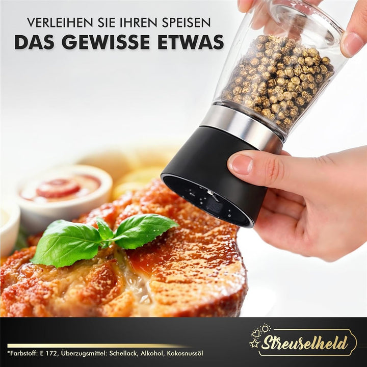Streuselheld - Salz und Pfeffermühle mit Gold Gewürzen - 2er Geschenk Set mit Geschenkbox - Pfeffer