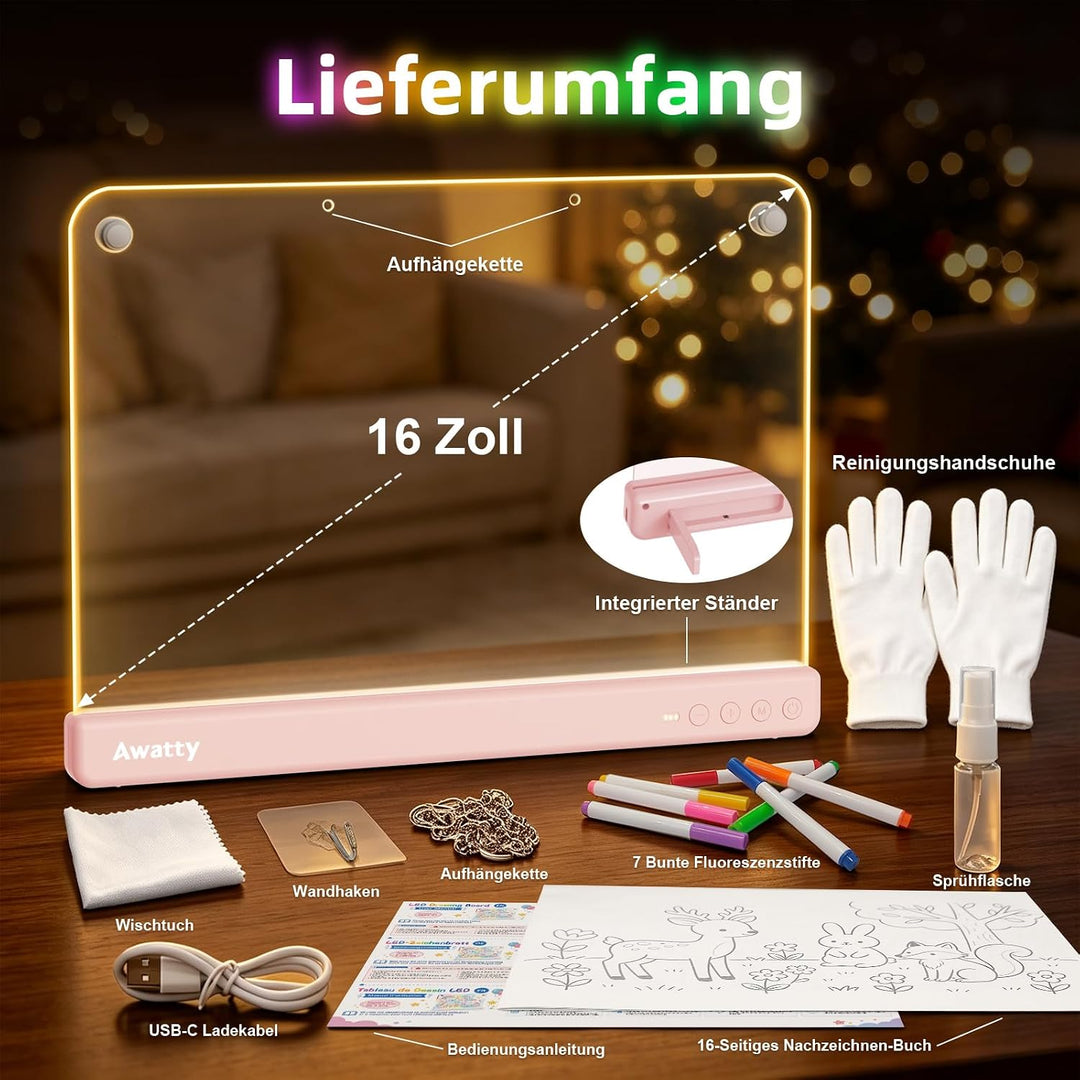 LED Zeichenbrett, Awatty Wiederaufladbare Doodle Notiztafel für Kinder 16 inch LED Maltafel mit 10 L