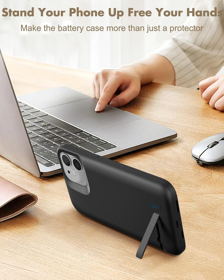 Gladgogo akku hülle für iPhone 12/12 Pro, 8500 mAh akkuhülle mit Ständer – Schwarz mit gehärtetem Gl