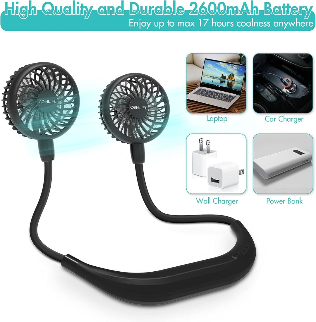 Tragbarer Halsventilator, 2600mAh batteriebetriebener, ultra leiser Freihand-USB-Lüfter mit starkem