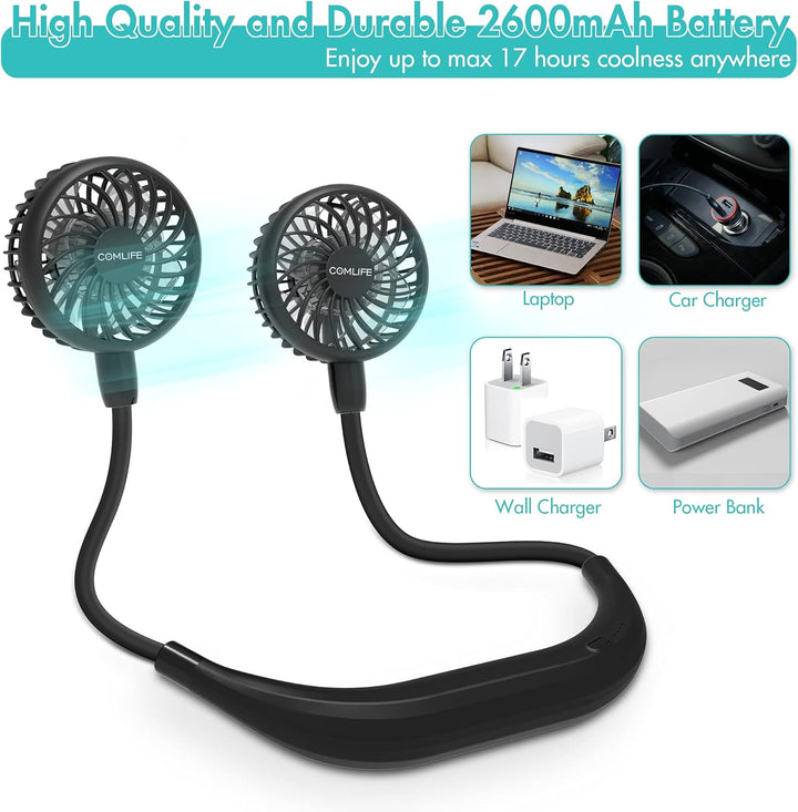 Tragbarer Halsventilator, 2600mAh batteriebetriebener, ultra leiser Freihand-USB-Lüfter mit starkem