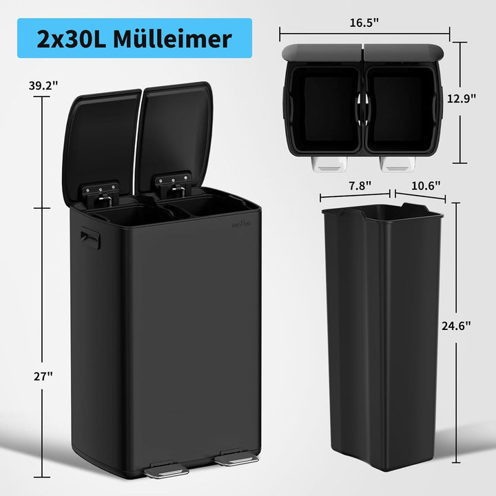 mVm Mülleimer Küche,60 Liter Treteimer,2x30L Doppelter Abfalleimer 2er-Mülleimer Mülltrennung mit In