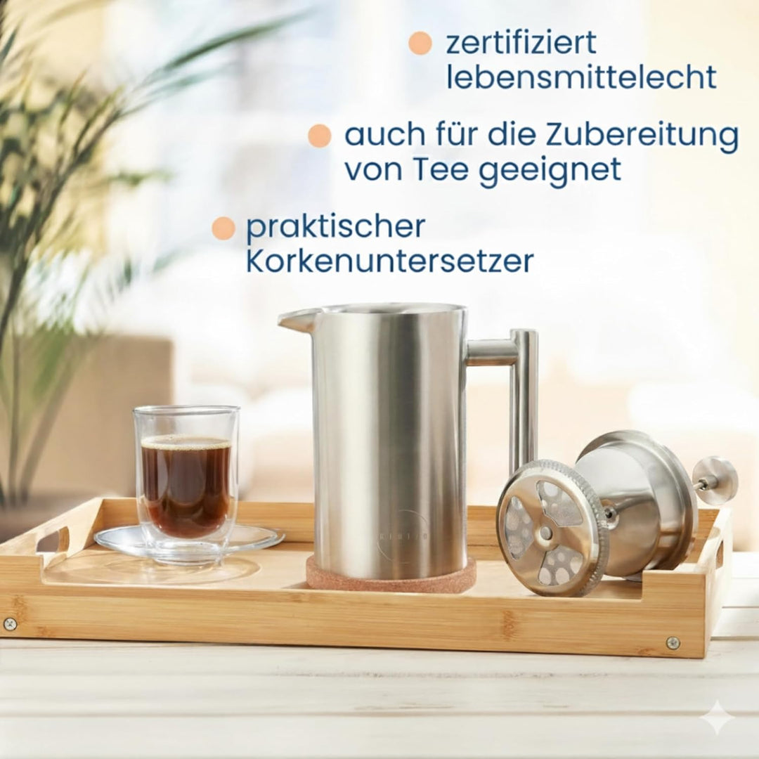 French Press Edelstahl 1000ml I Thermo Kaffeebereiter isoliert I Doppelwandig incl. 3 Ersatzfilter &