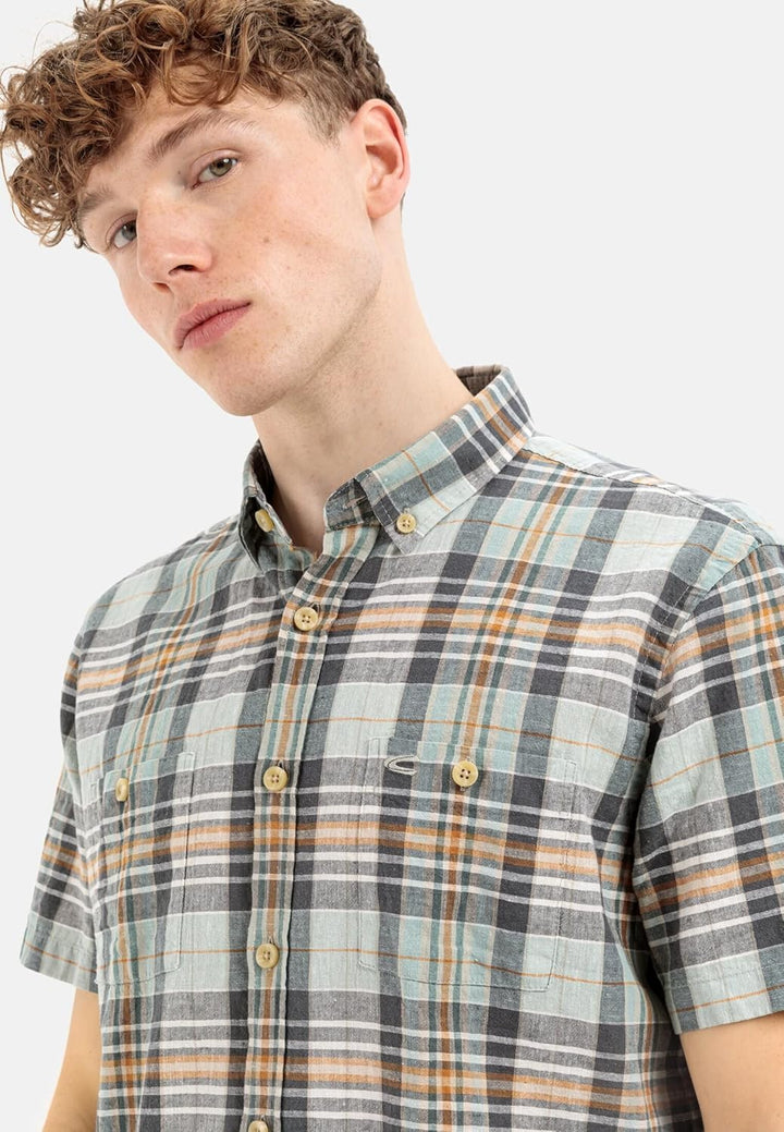 camel active Herren Kurzarm Hemd im Karomuster, S Grau