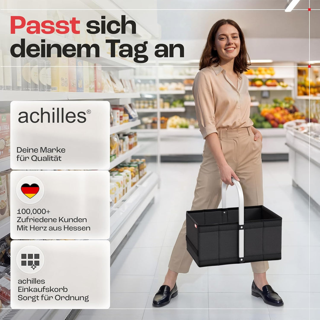 achilles Einkaufskorb aus Holz mit Obst- und Gemüsenetz, Klappbarer Korb, Picknick-Korb, Einkaufsbox