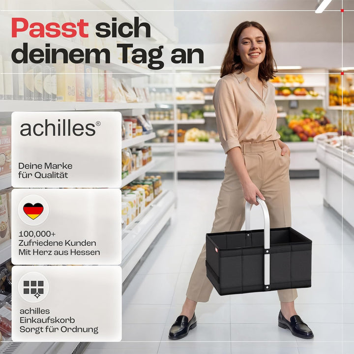 achilles Einkaufskorb aus Holz mit Obst- und Gemüsenetz, Klappbarer Korb, Picknick-Korb, Einkaufsbox