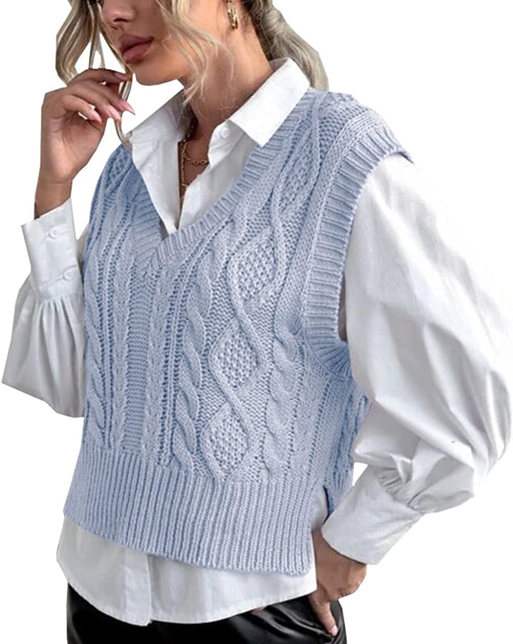 Tongmingyun Pullunder Damen Ärmellos V-Ausschnitt Strick Pullover Basic Strickweste Einfarbig Tank T