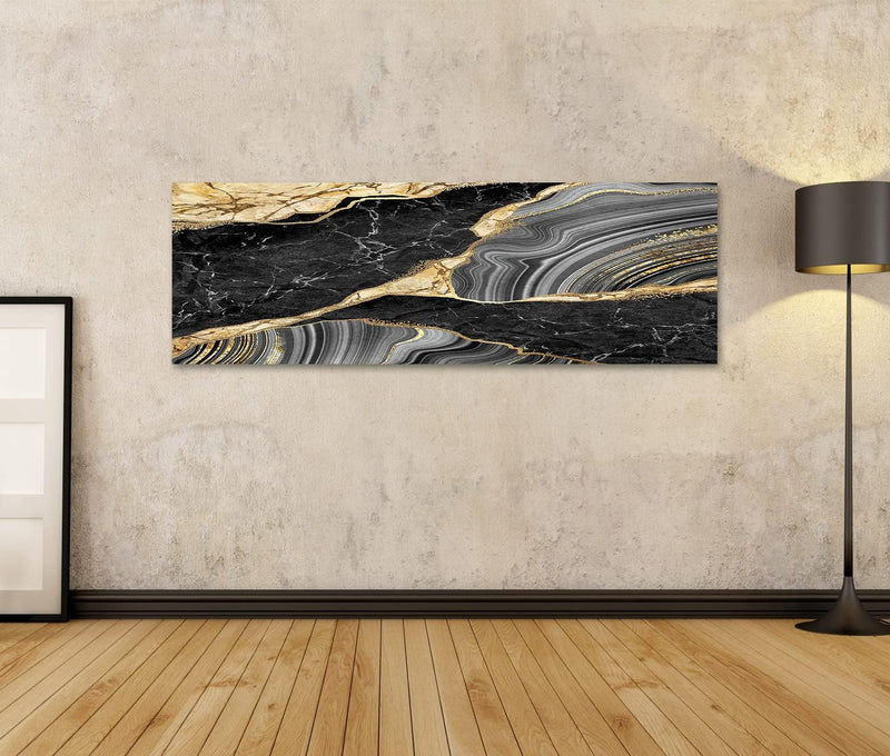 islandburner Bild auf Leinwand Abstrakter Hintergrund Schwarzer Marmor und Achat Mosaik mit goldenen