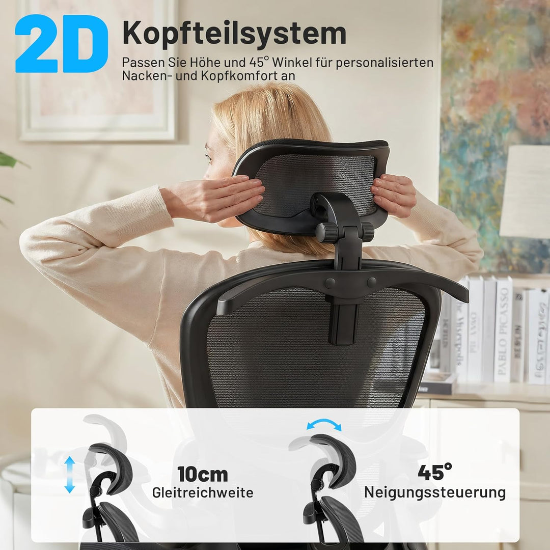 Bürostuhl, Ergonomisch mit Kopfstütze und Verstellbarer Lendenwirbelstütze, Mesh Drehstuhl für Homeo