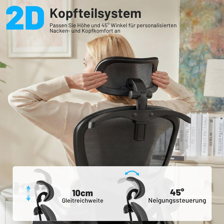 Bürostuhl, Ergonomisch mit Kopfstütze und Verstellbarer Lendenwirbelstütze, Mesh Drehstuhl für Homeo