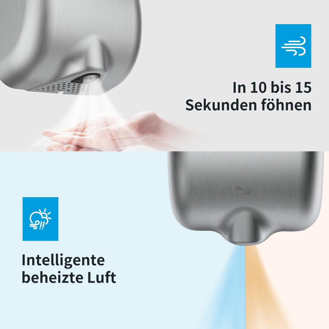 AIKE AK2800B ECO Händetrockner - elektrisch, aus gebürstetem Edelstahl mit Sensorautomatik und HEPA-
