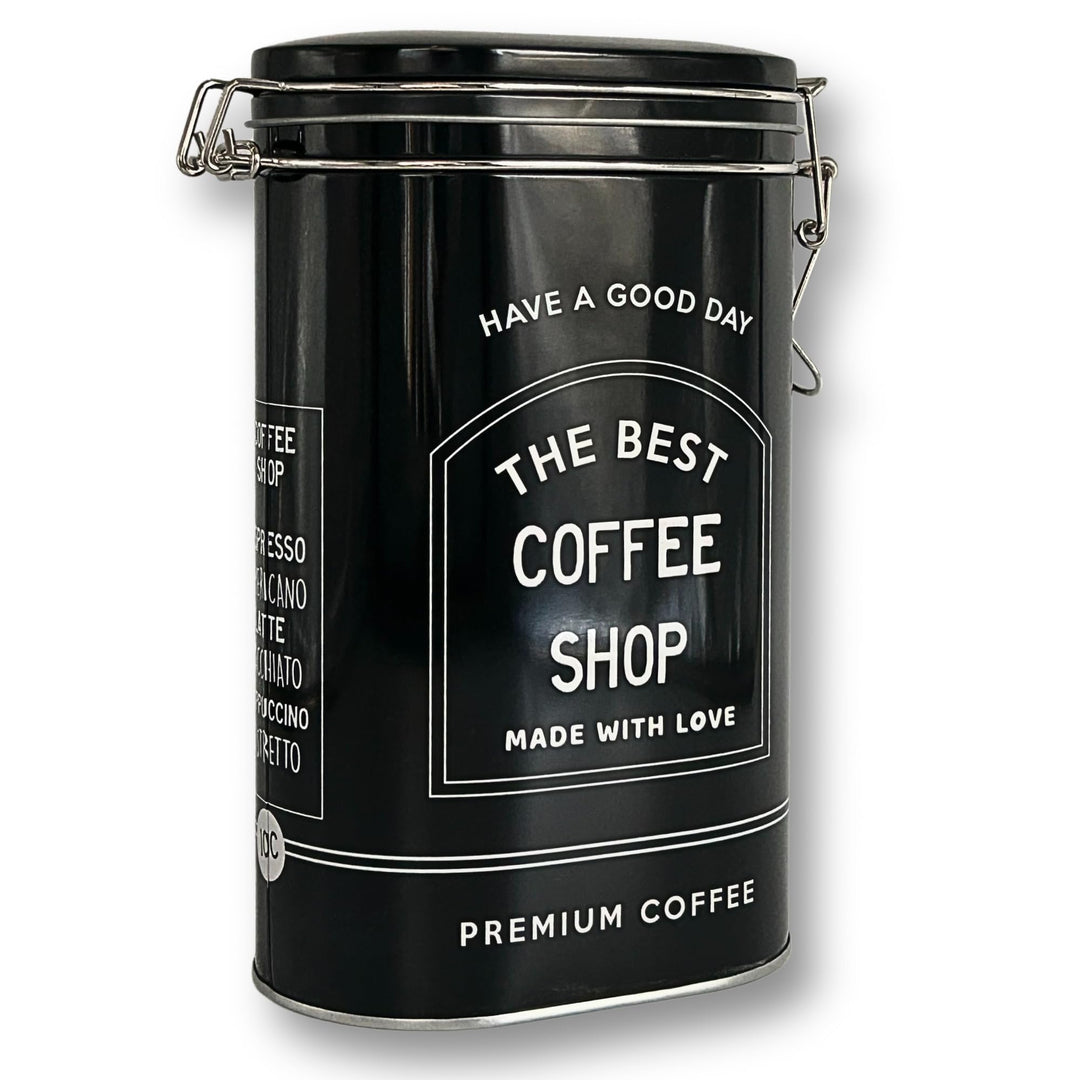 MediMuc Vorratsdose Kaffeedose Teedose oval lackiert schwarz mit weisser Schrift mit Bügelverschluss