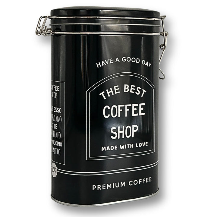 MediMuc Vorratsdose Kaffeedose Teedose oval lackiert schwarz mit weisser Schrift mit Bügelverschluss