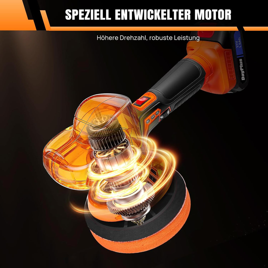Akku Poliermaschine 21V 2x 1.5AH Akku, mit 24 Aufsätzen, 6 Drehzahlregulierung 2800-5000RPM, 125-150