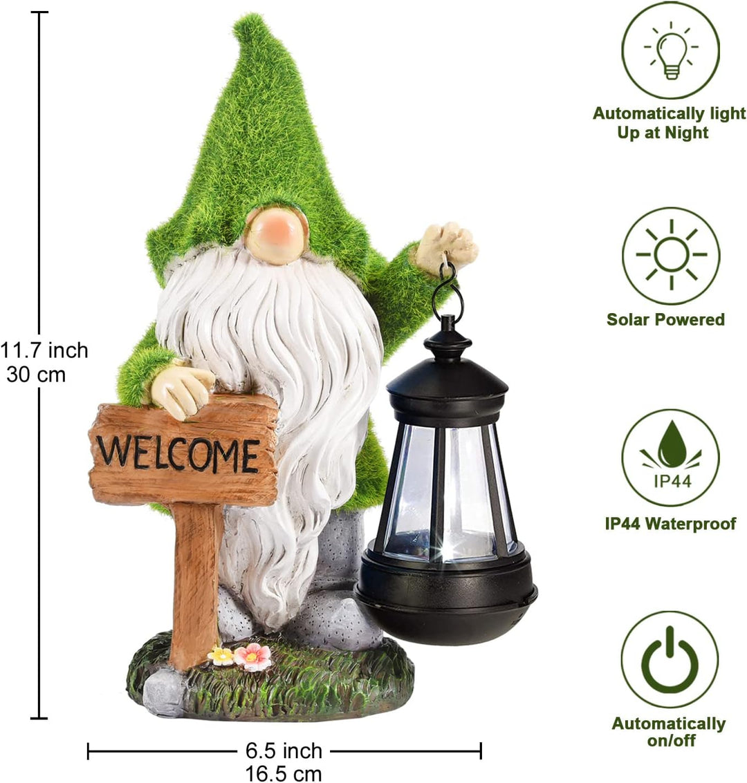 Yeomoo Beflockter Harz Zwerg Gartendeko Figuren, Gartenzwerge für Aussen mit LED-Solarlaterne, Wasse