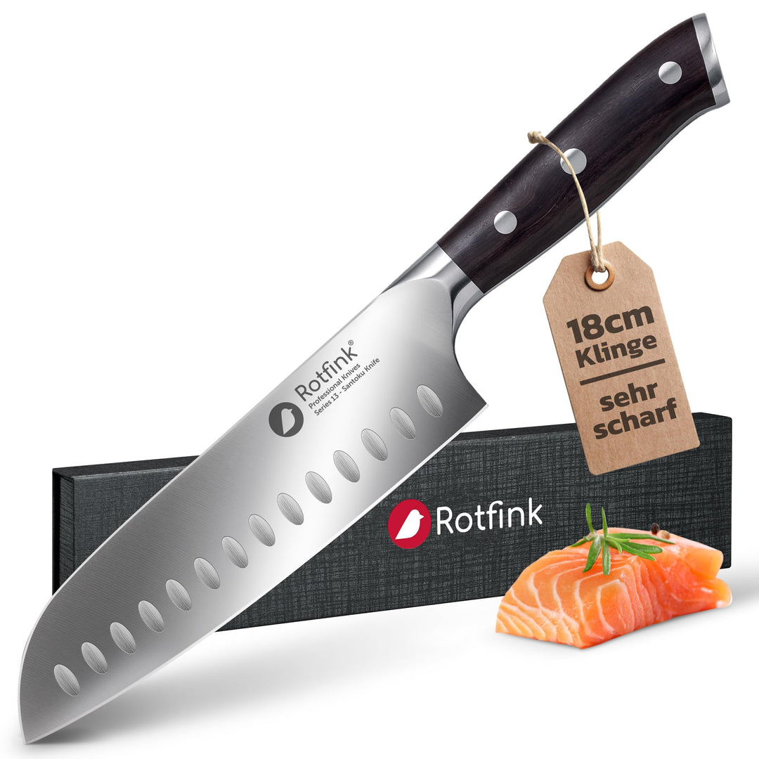Santoku Messer 18 cm, Profi Küchenmesser scharf, Kochmesser, Fleischmesser, Edelstahl 56-58 HRC, erg