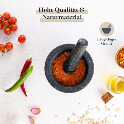 GOURMEO Mörser mit Stössel - Set in Gross aus Massivem Granit Stein - 7 cm Tiefer Mörser mit Aufgera