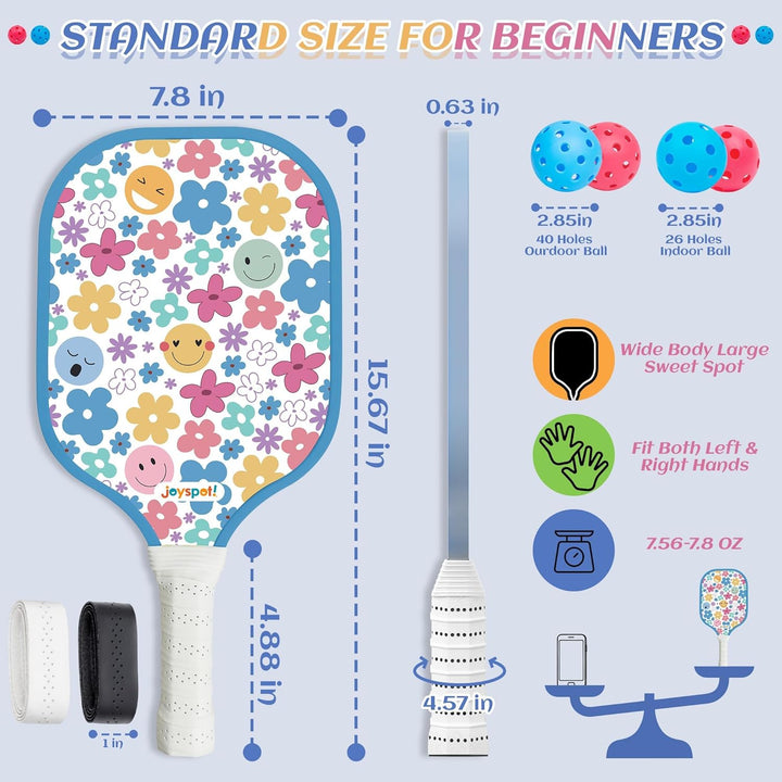JOY SPOT! Pickleball Schläger 2 Set, Leichter Pickleball Schläger mit Fiberglas-Oberfläche, 4 Bälle