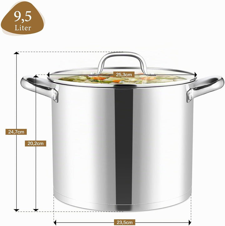 Joyfair Topf Kochtopf, 9,5 Liter Edelstahl Gross Topf Induktion mit Glasdeckel, 3 Lagen Stabiler Bod