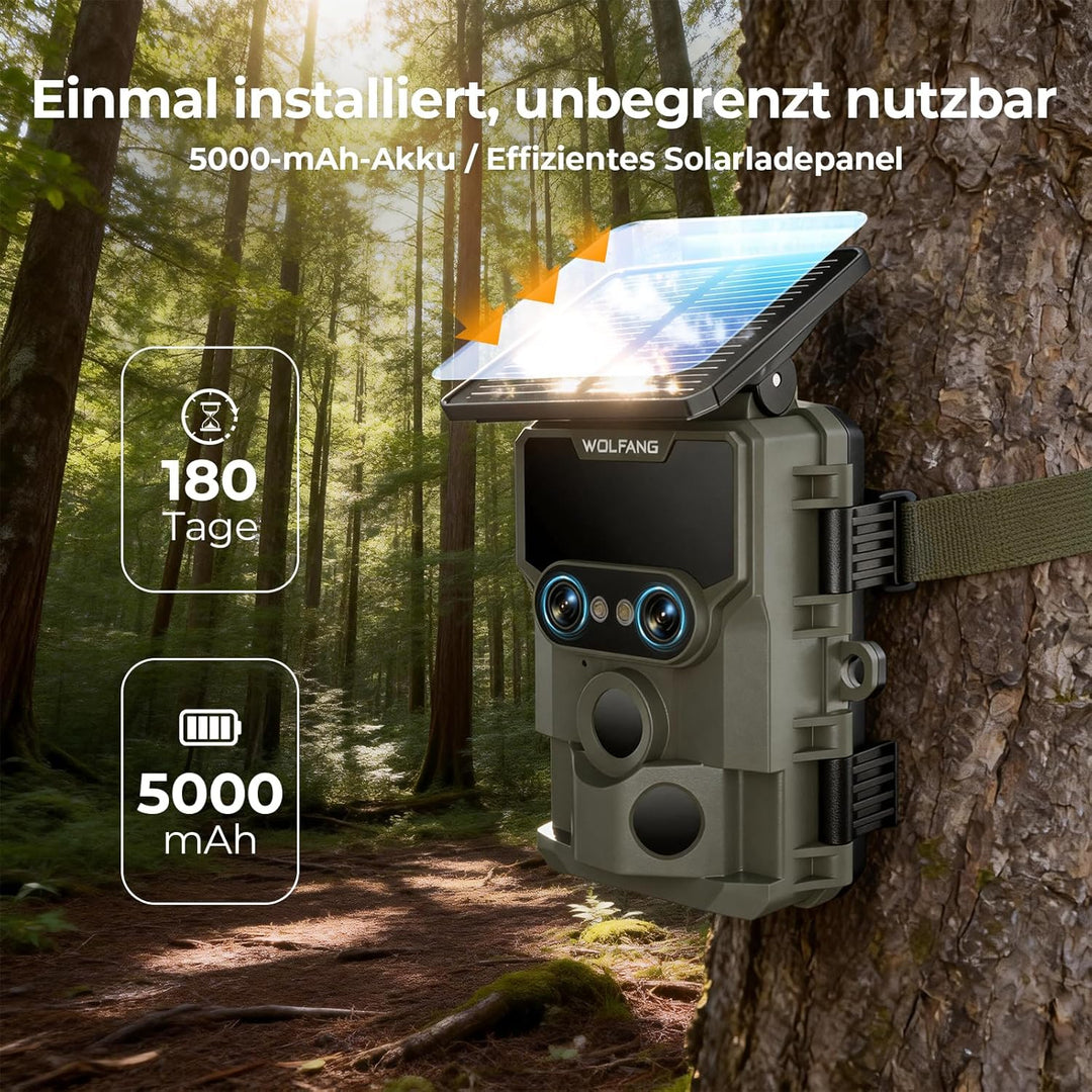 WOLFANG Wildkamera, 64 MP WLAN mit Handyübertragung-App, 4K Doppellinse Video Wildtierkamera mit Bew