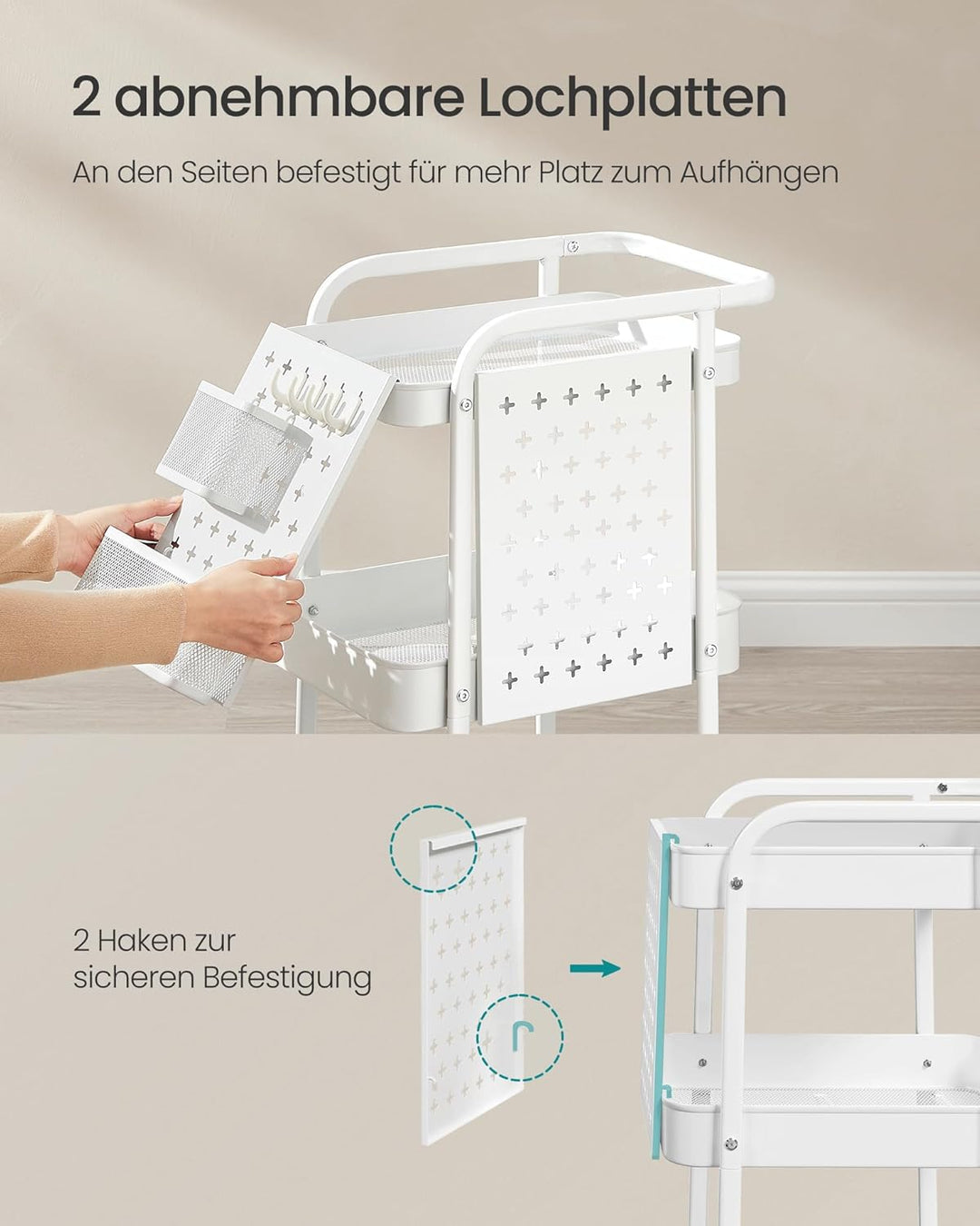 SONGMICS Rollwagen, Küchenwagen, 3 Metallgitterablagen, Servierwagen, 2 abnehmbare Lochplatten, 2 Hä