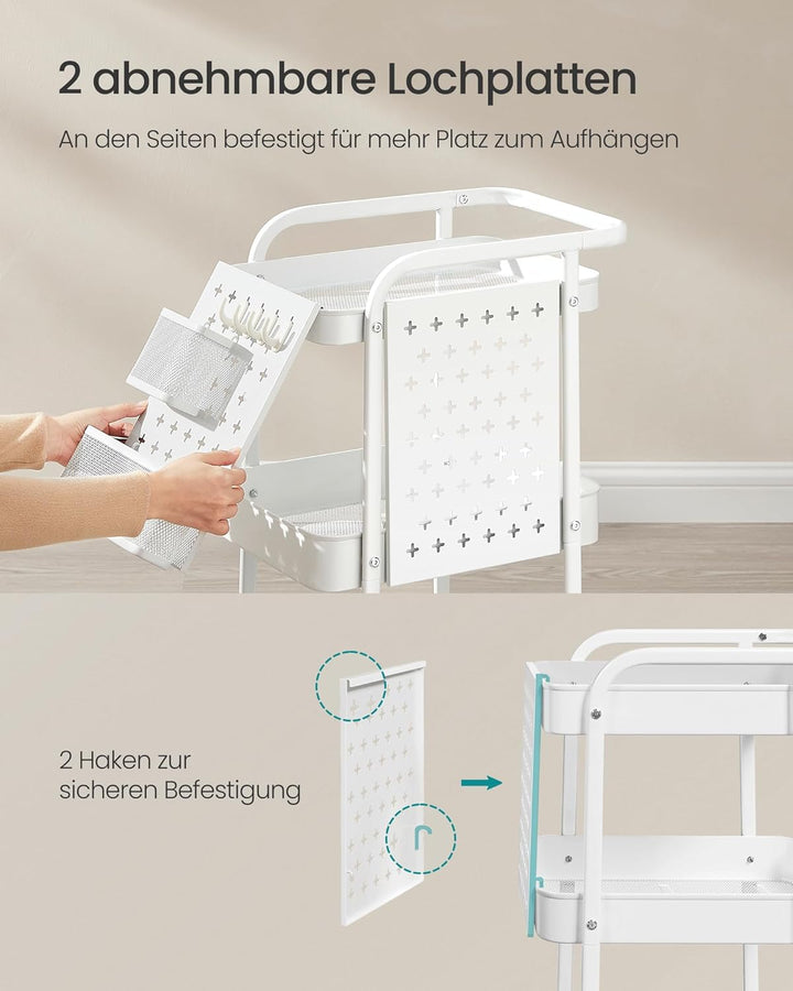 SONGMICS Rollwagen, Küchenwagen, 3 Metallgitterablagen, Servierwagen, 2 abnehmbare Lochplatten, 2 Hä