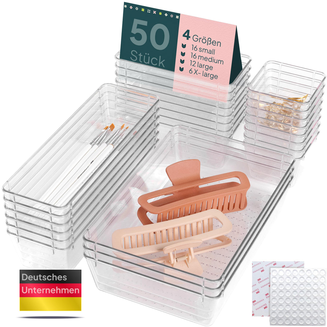 uandu Schubladen Organizer 50er Set mit 4 Grössen – Schminktisch & Kosmetik Aufbewahrung für Schubla