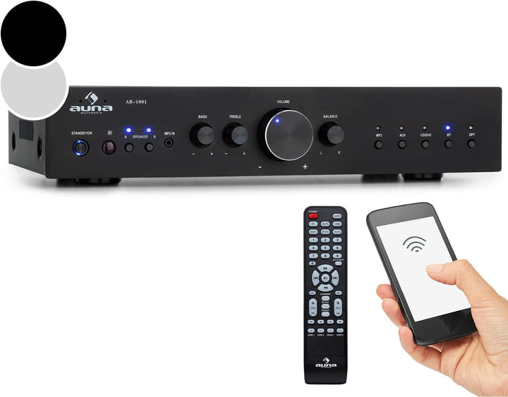 Auna Verstärker, HiFi Stereo Mini Verstärker, HiFi-Verstärker mit Bass & Treble Regler, 2 Kanal Audi